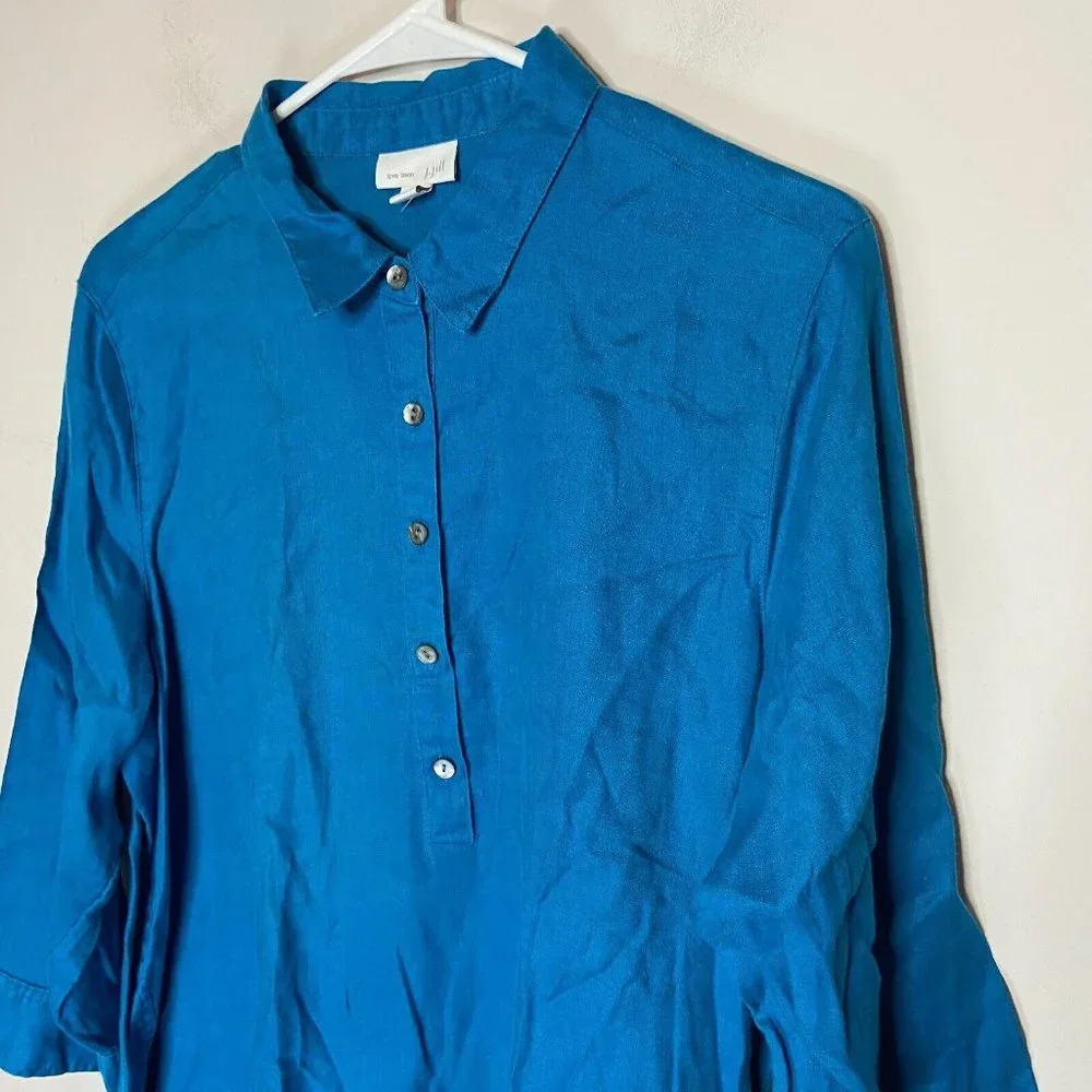 J Jill Womens L Love Linen Button Front Shirt Blue Long Sleeve Lightweight Top - Picture 2 of 9